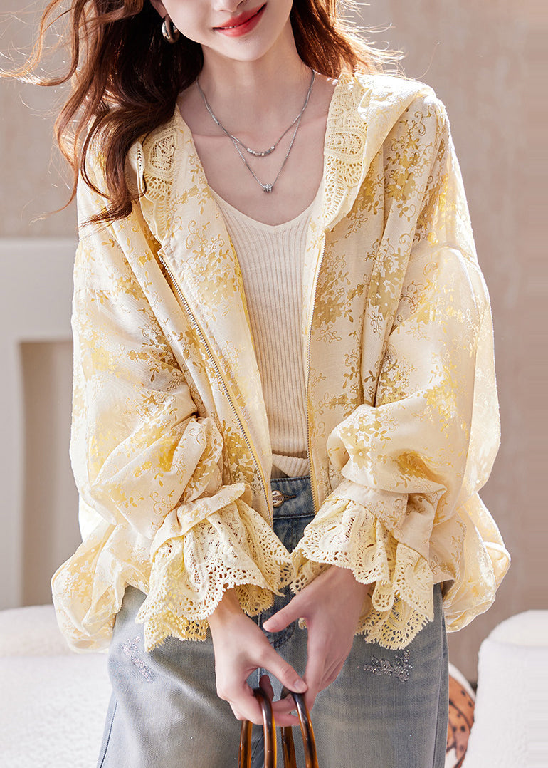Boutique Yellow Hooded Patchwork Lace Jackets Fall