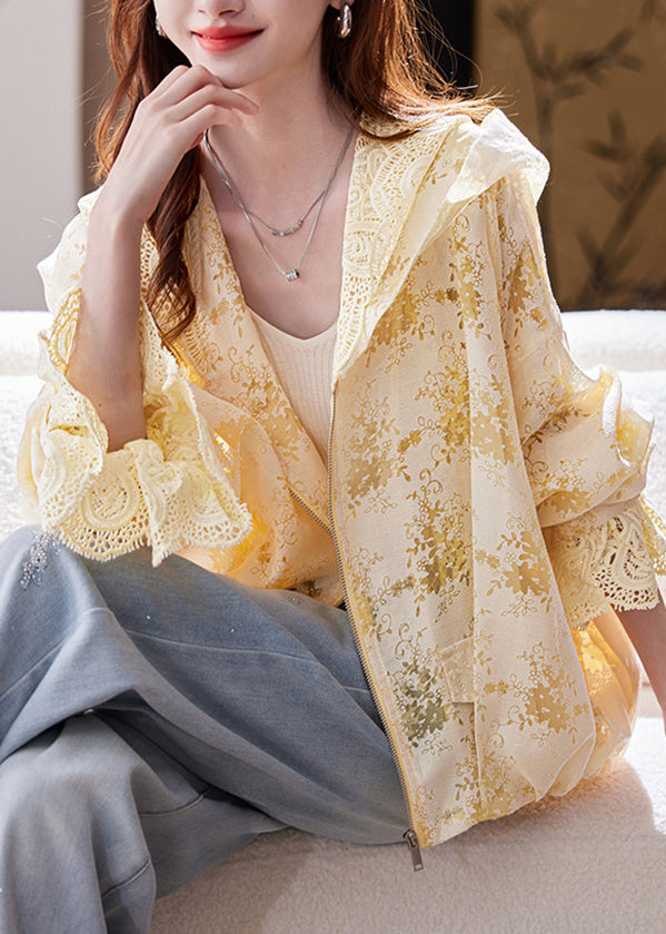 Boutique Yellow Hooded Patchwork Lace Jackets Fall