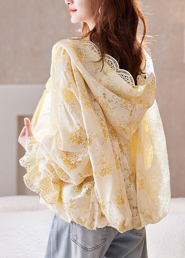 Boutique Yellow Hooded Patchwork Lace Jackets Fall