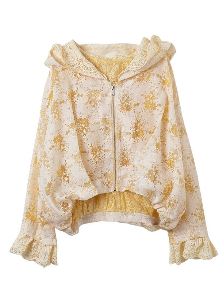 Boutique Yellow Hooded Patchwork Lace Jackets Fall