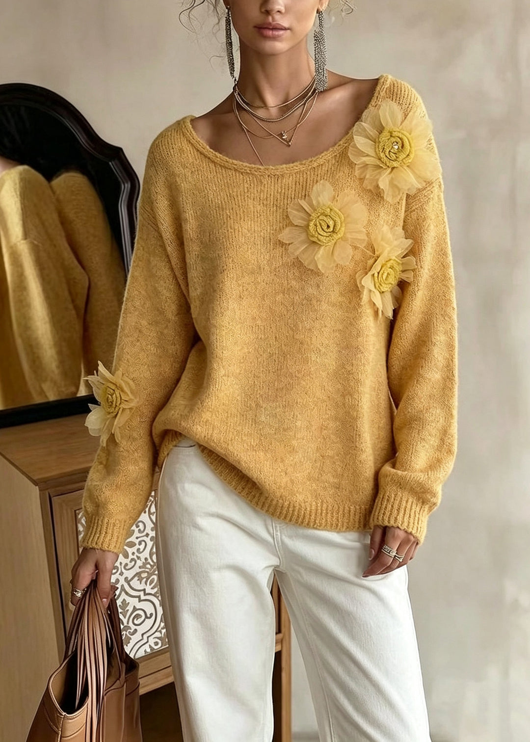 Boutique Yellow O Neck Floral Cozy Knit Sweaters Fall