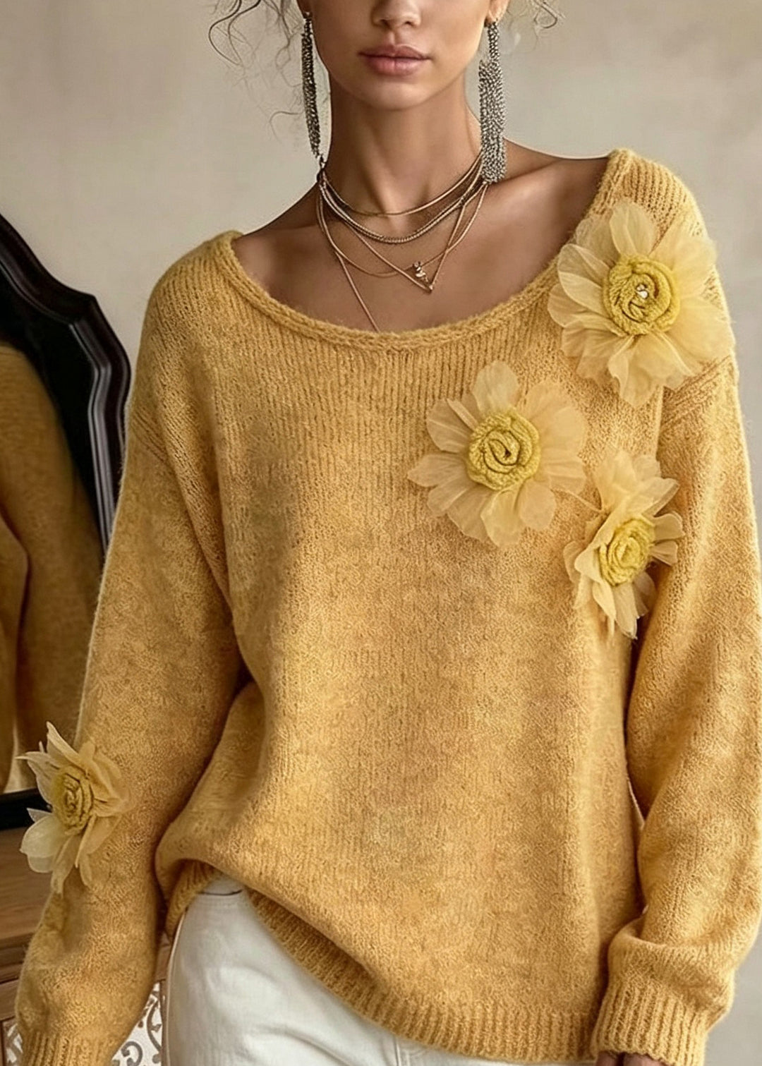 Boutique Yellow O Neck Floral Cozy Knit Sweaters Fall