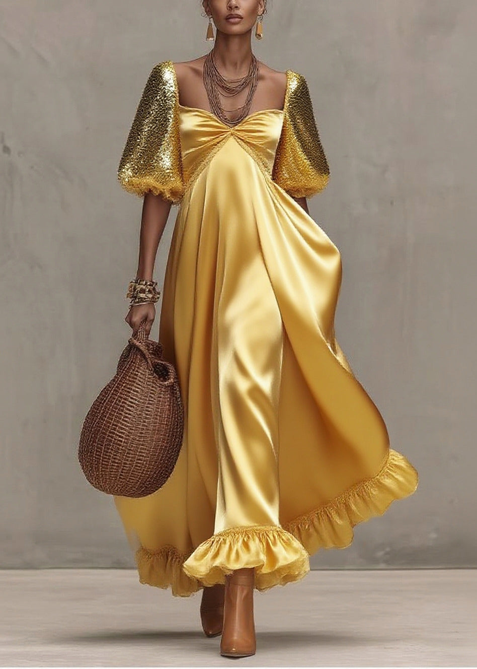Boutique Yellow Sequins Exra Large Hem Silk Long Dress Lantern Sleeve