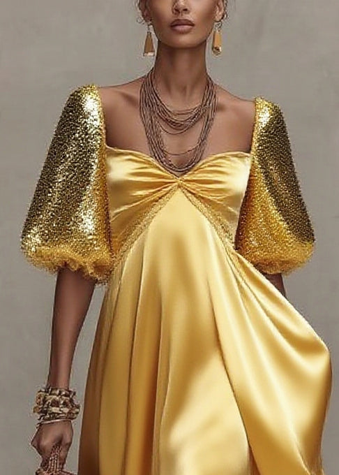 Boutique Yellow Sequins Exra Large Hem Silk Long Dress Lantern Sleeve