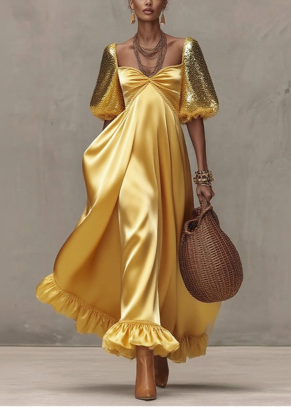 Boutique Yellow Sequins Exra Large Hem Silk Long Dress Lantern Sleeve
