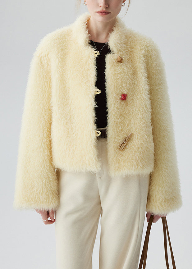 Boutique Yellow Stand Collar Button Woolen Coat Winter