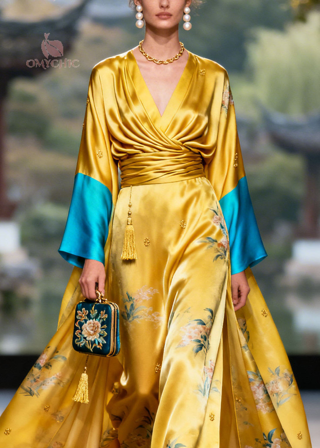 Boutique Yellow V Neck Tassel Jacquard Patchwork Silk Dress