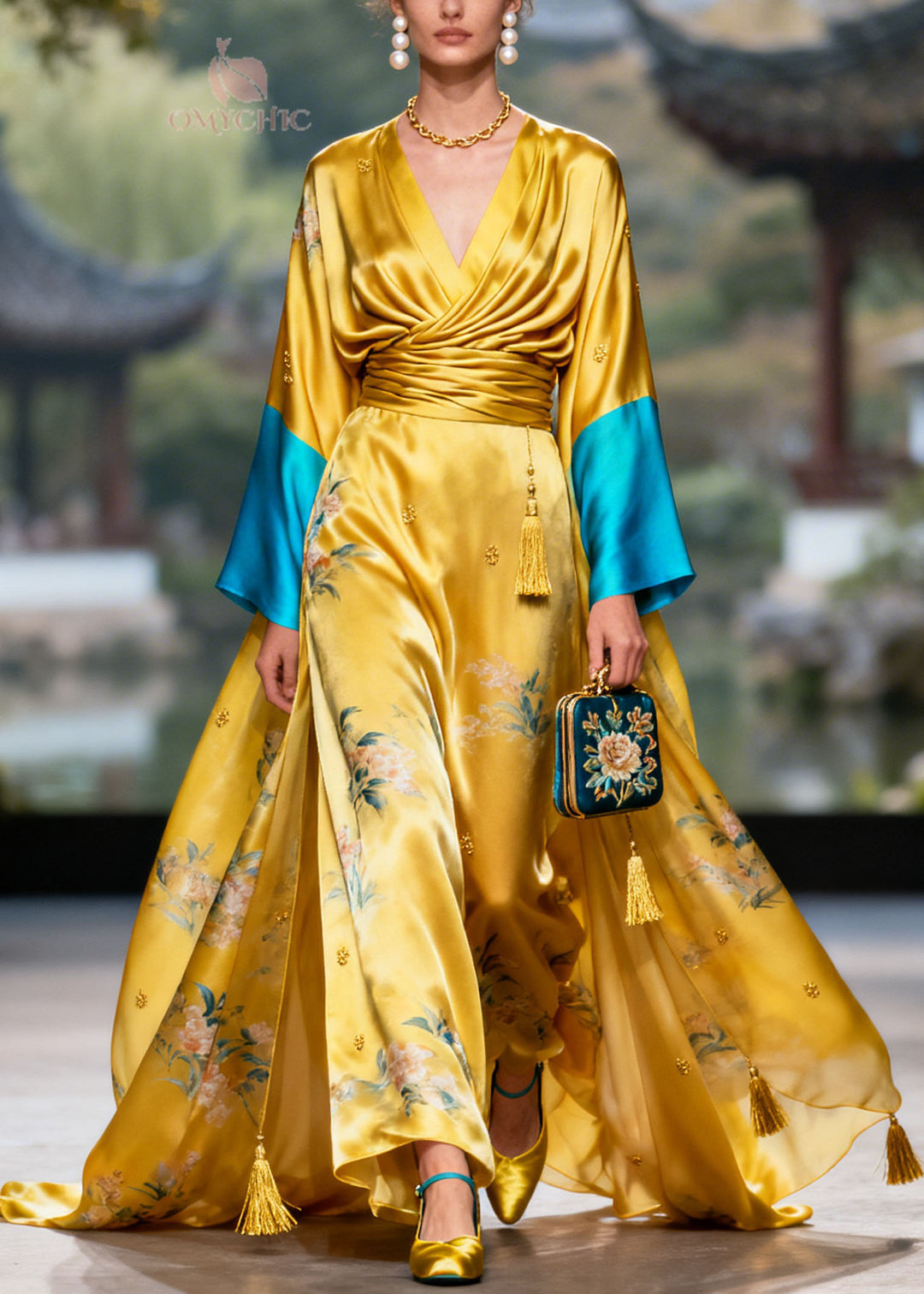 Boutique Yellow V Neck Tassel Jacquard Patchwork Silk Dress