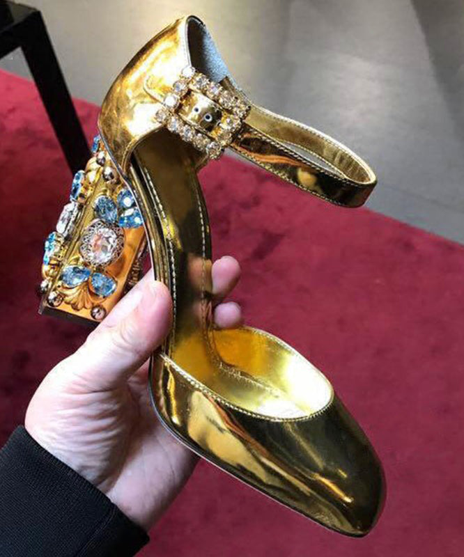 Boutique Zircon Buckle Strap Splicing High Heels Gold Cowhide Leather