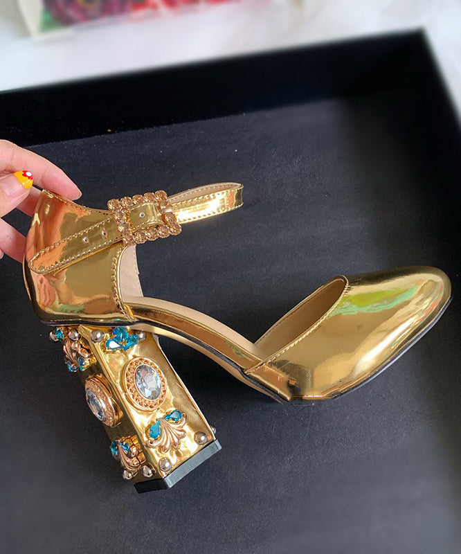 Boutique Zircon Buckle Strap Splicing High Heels Gold Cowhide Leather