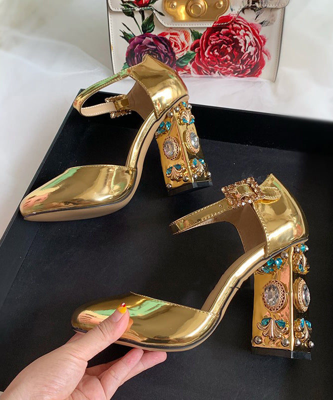 Boutique Zircon Buckle Strap Splicing High Heels Gold Cowhide Leather