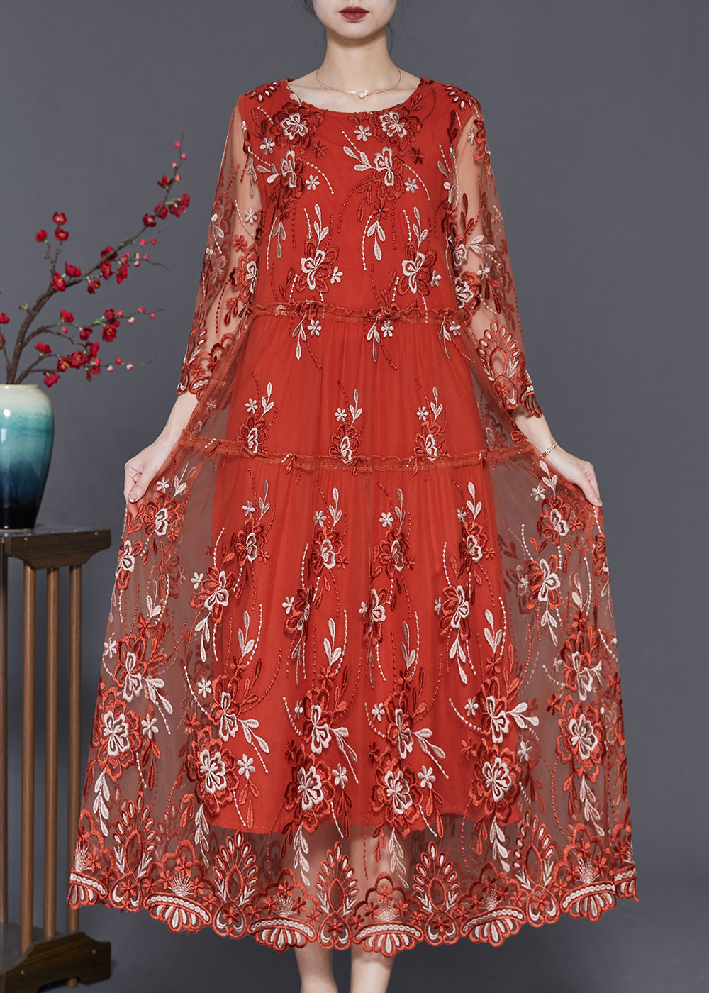 Brick Red Hollow Out Tulle Robe Dresses Embroidered Summer