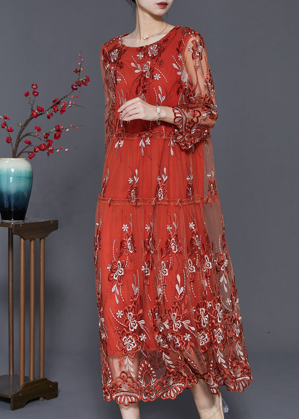 Brick Red Hollow Out Tulle Robe Dresses Embroidered Summer