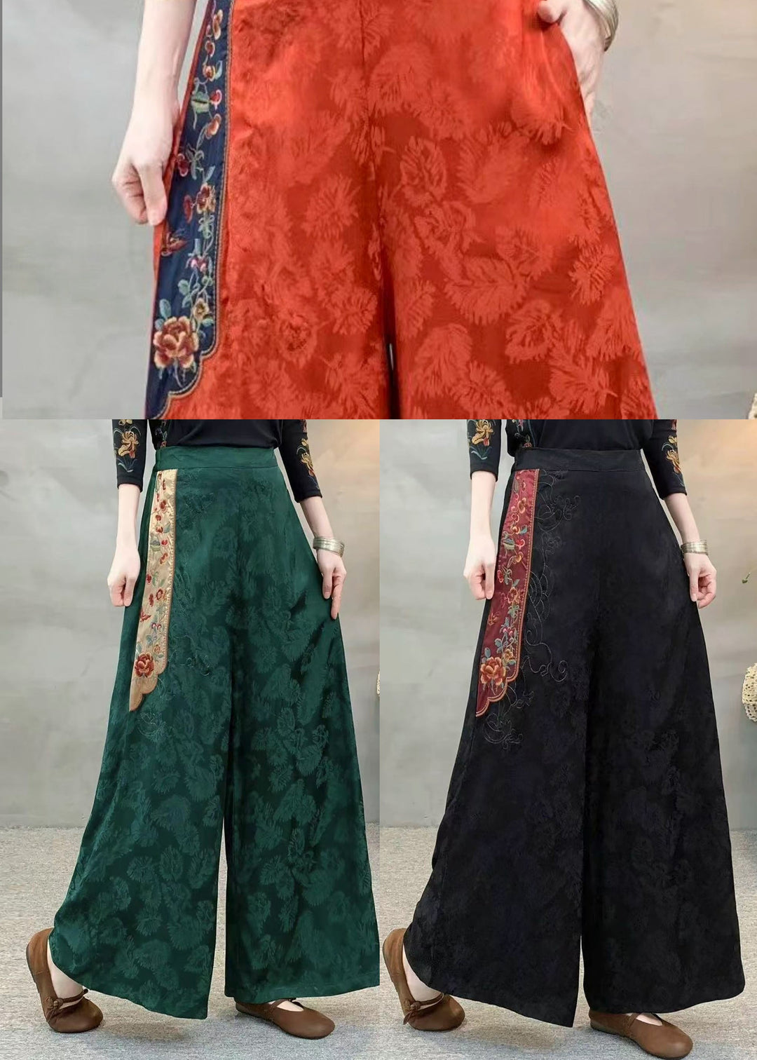 Brick Red Jacquard Silk Wide Leg Pants Embroidered Spring