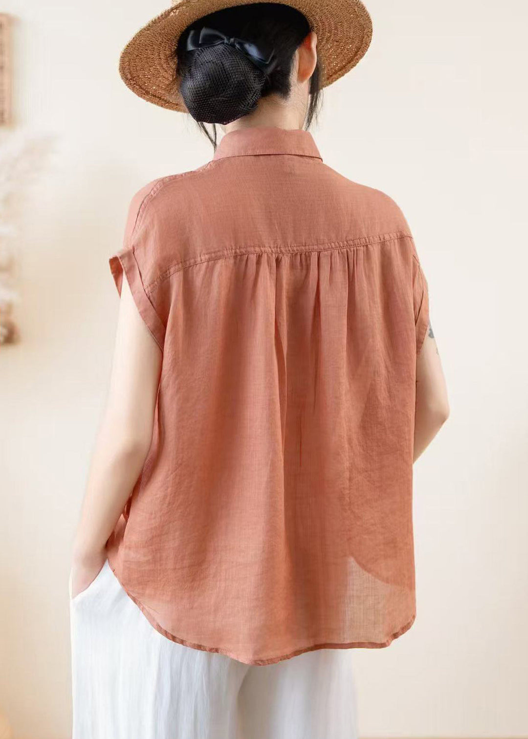 Brick Red Linen Loose Shirts Embroidered Summer