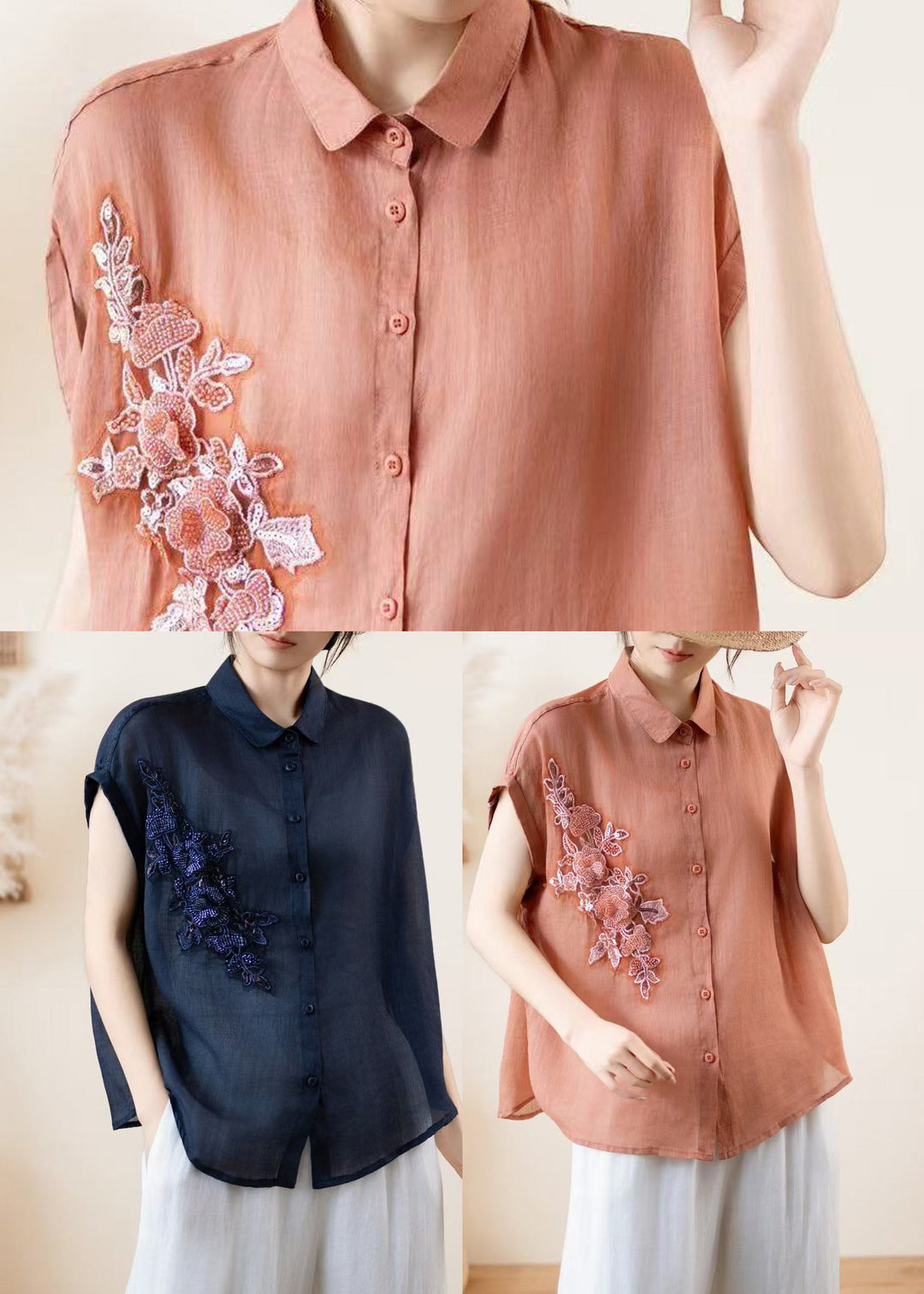 Brick Red Linen Loose Shirts Embroidered Summer
