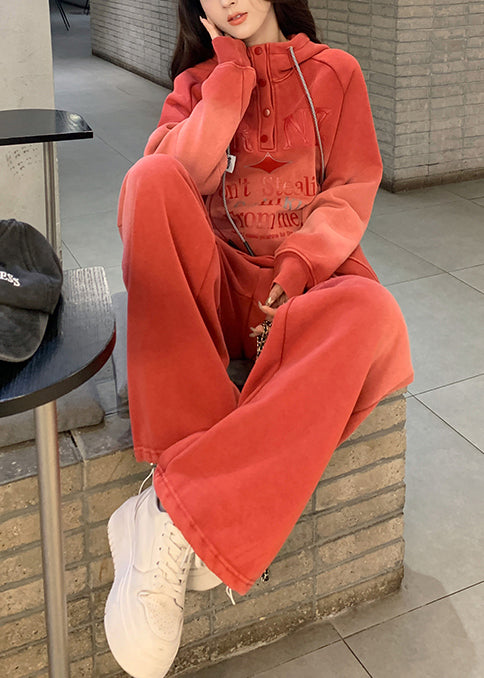 Brick Red Tie Dye Cotton Two Pieces Set Hooded Letter Print Spring