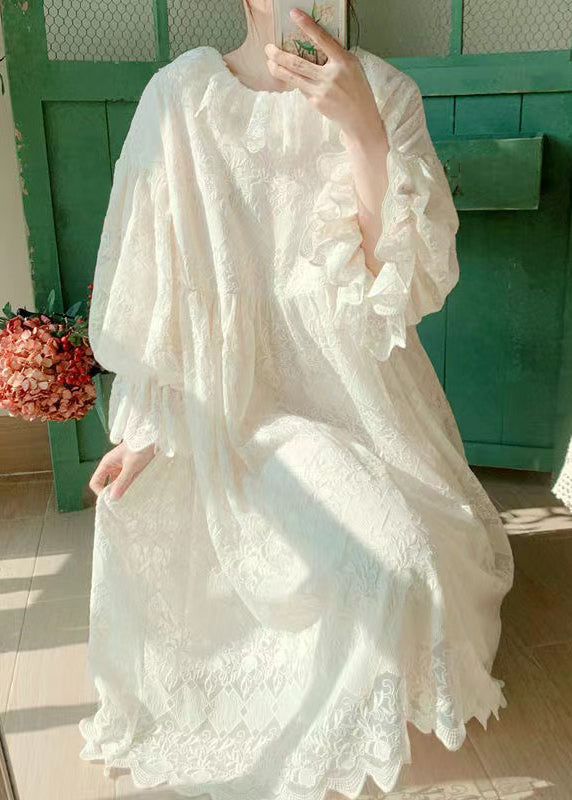 Brief Apricot Lace Patchwork Maxi Dress Lantern Sleeve - Omychic