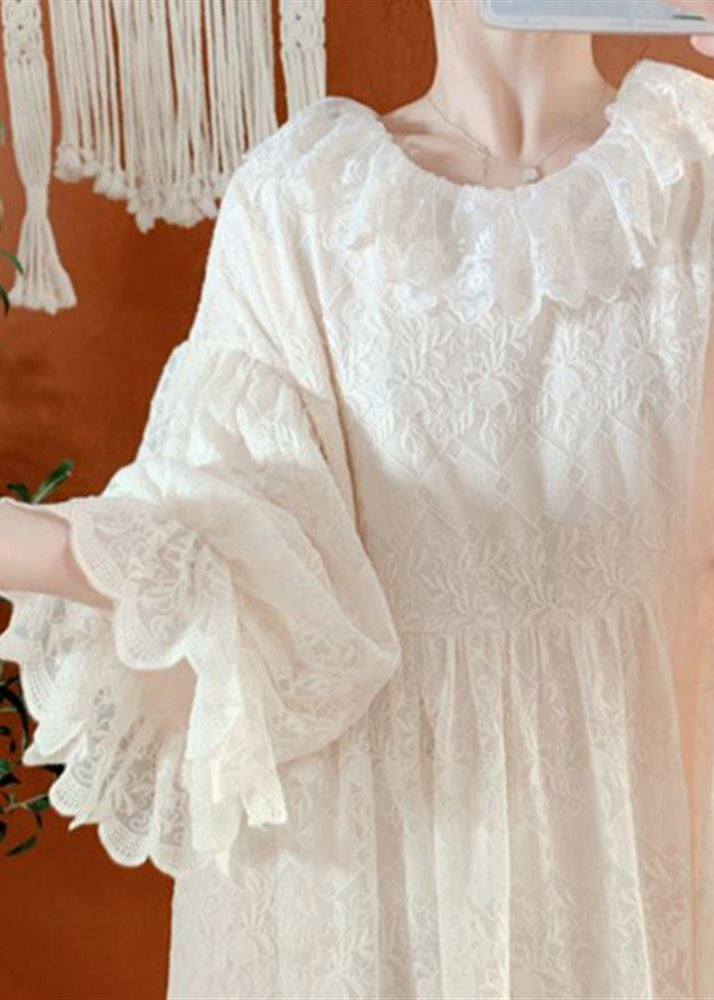 Brief Apricot Lace Patchwork Maxi Dress Lantern Sleeve - Omychic