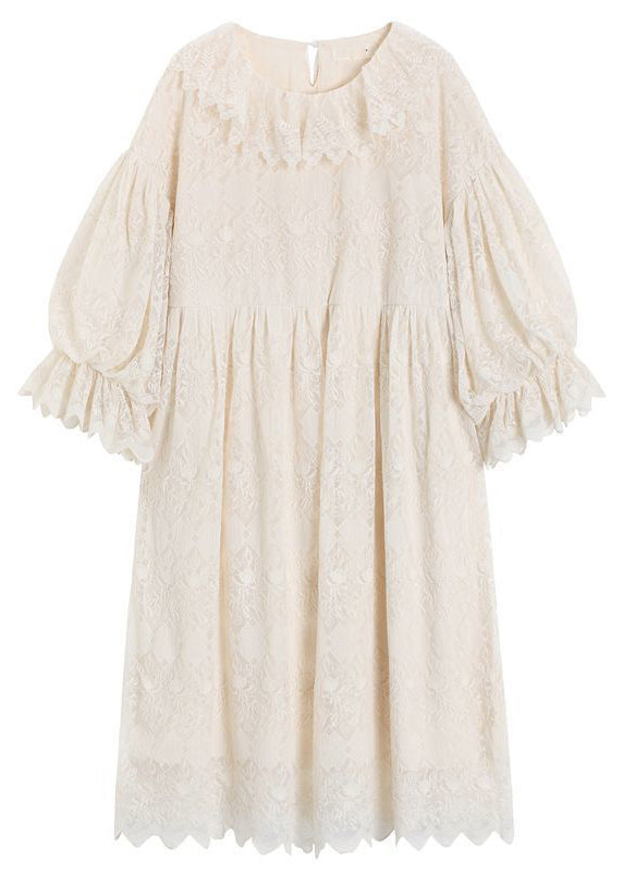 Brief Apricot Lace Patchwork Maxi Dress Lantern Sleeve - Omychic