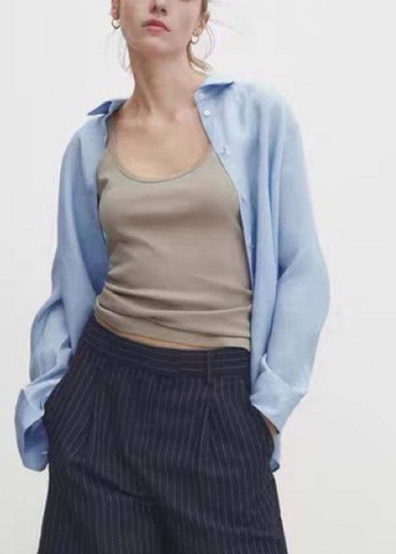 Brief Baby Blue Peter Pan Collar Button Solid Shirt Fall