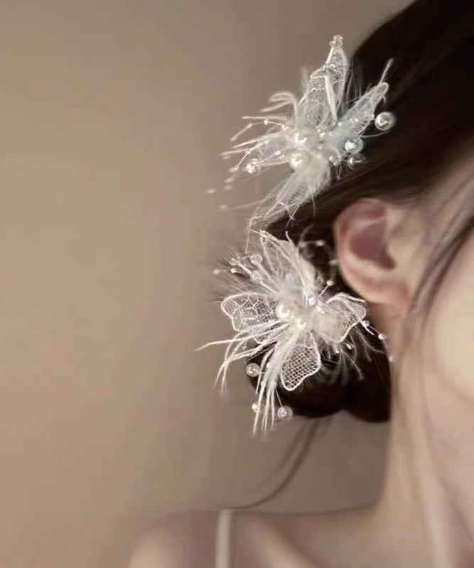 Brief Beige Lace Hollow Out Pearl Feather Hairpin