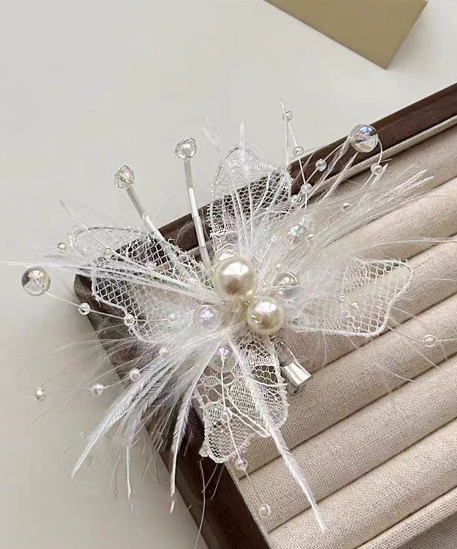 Brief Beige Lace Hollow Out Pearl Feather Hairpin