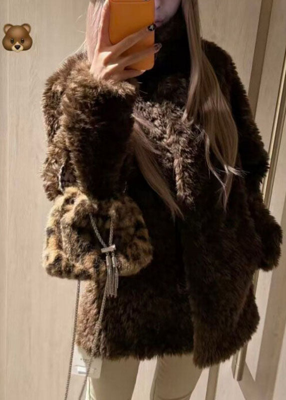 Brief Beige Stand Collar Pockets Faux Fur Coat Winter