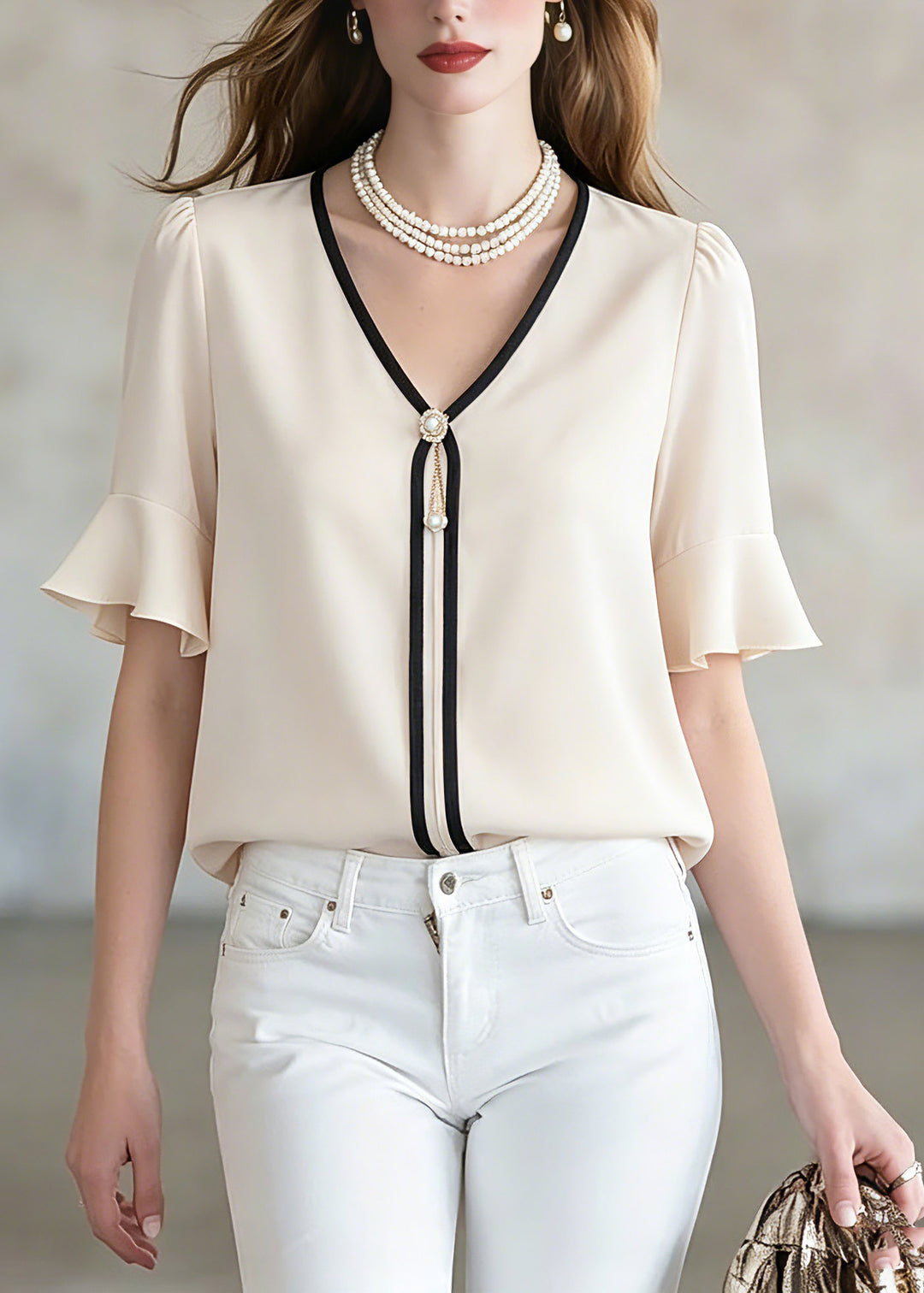 Brief Beige V Neck Patchwork Shirt Summer