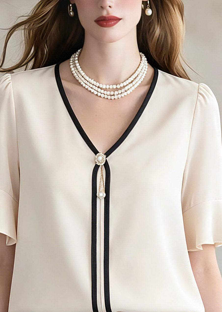 Brief Beige V Neck Patchwork Shirt Summer