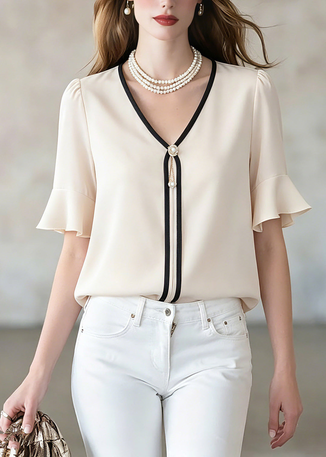 Brief Beige V Neck Patchwork Shirt Summer