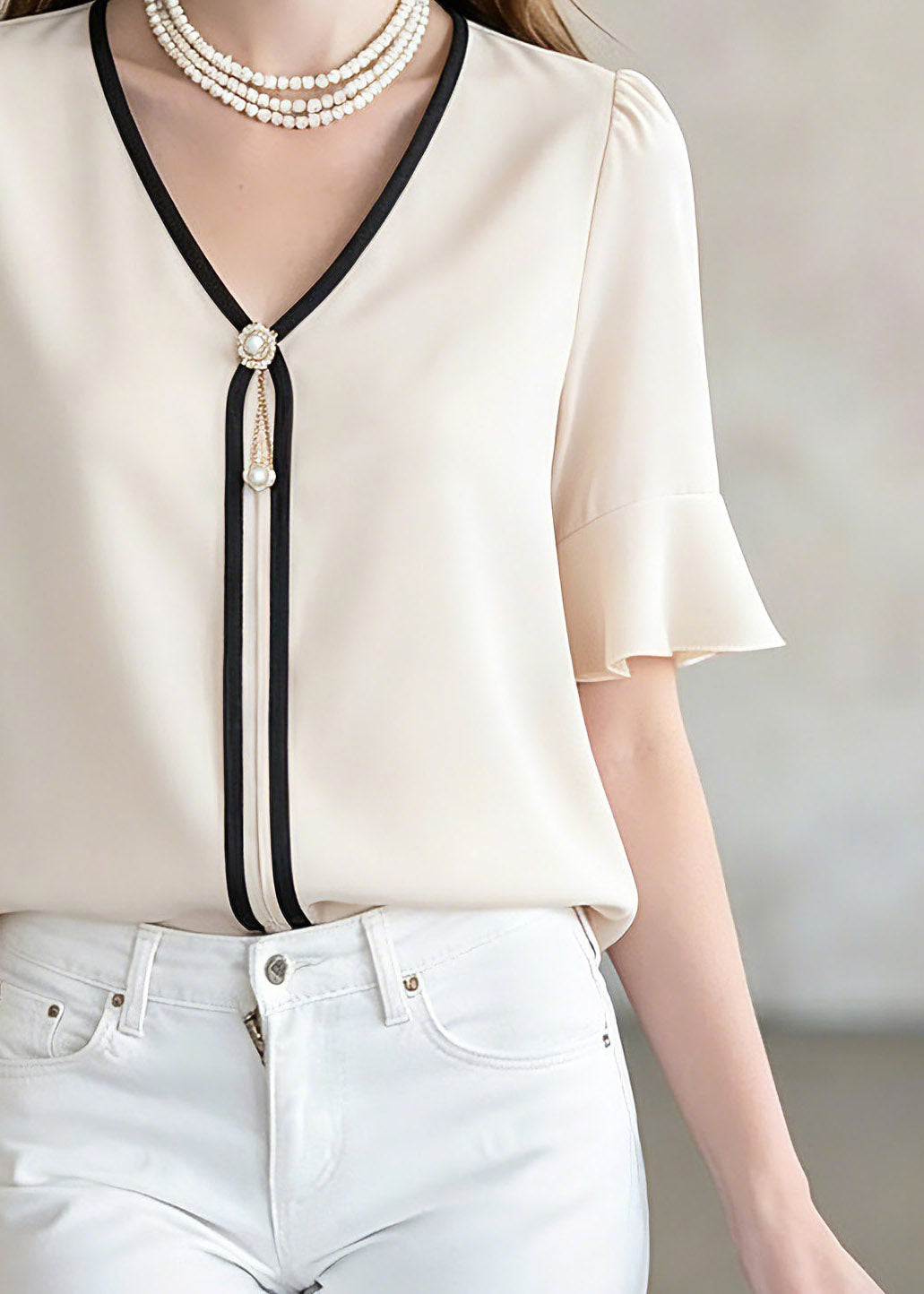 Brief Beige V Neck Patchwork Shirt Summer