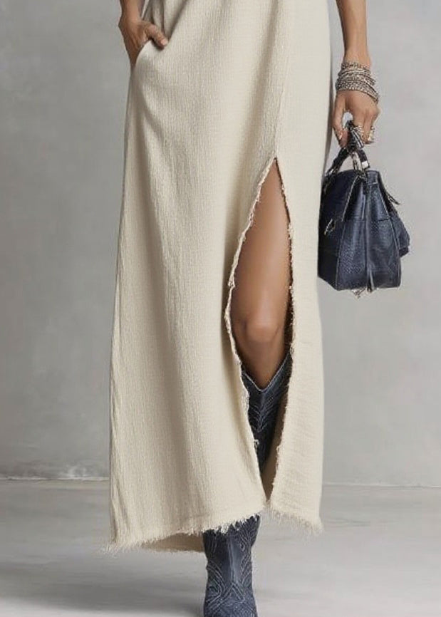 Brief Beige V Neck Side Open Solid Long Dress Sleeveless - Omychic