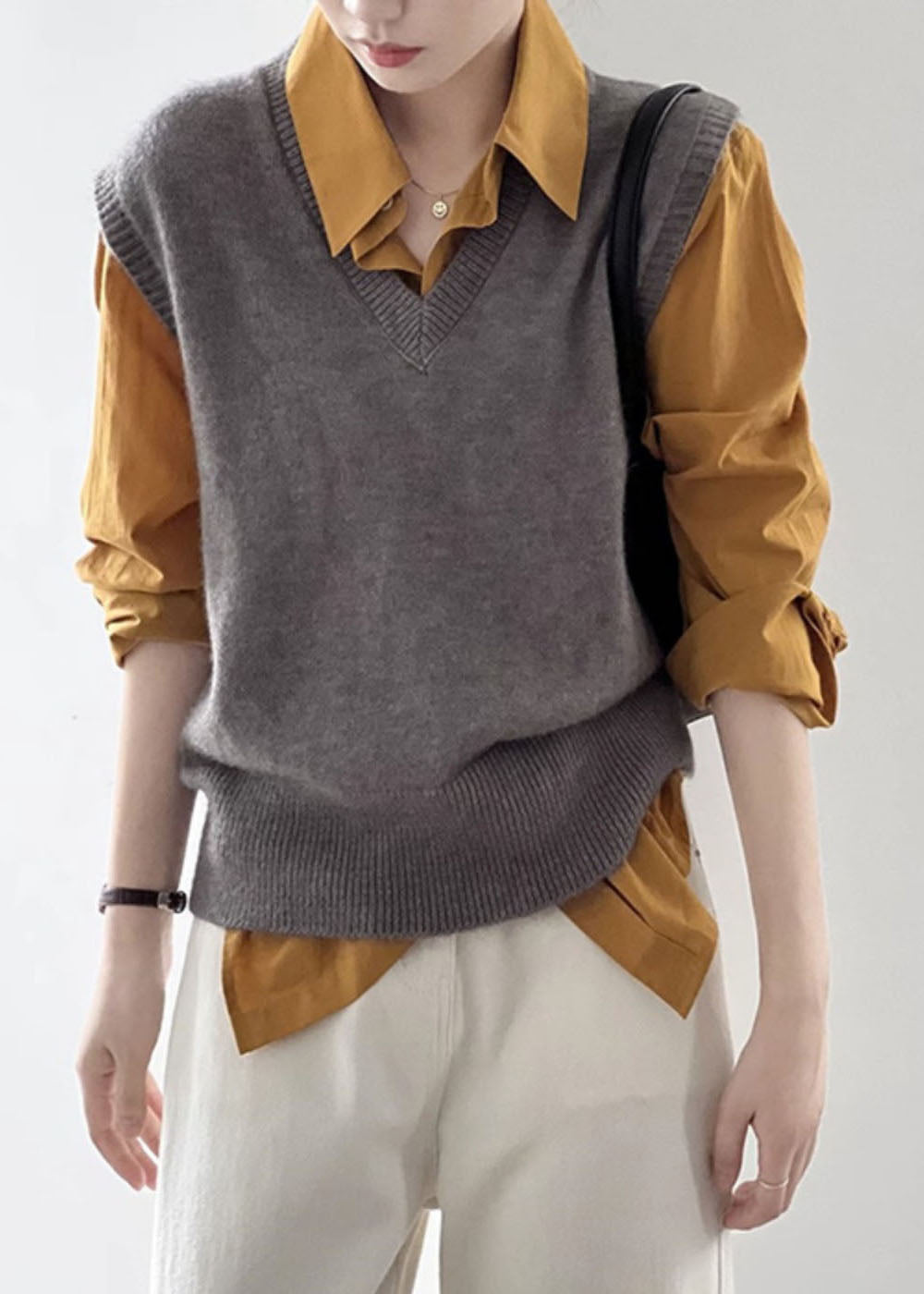 Brief Black V Neck Cozy Cotton Knit Waistcoat Spring