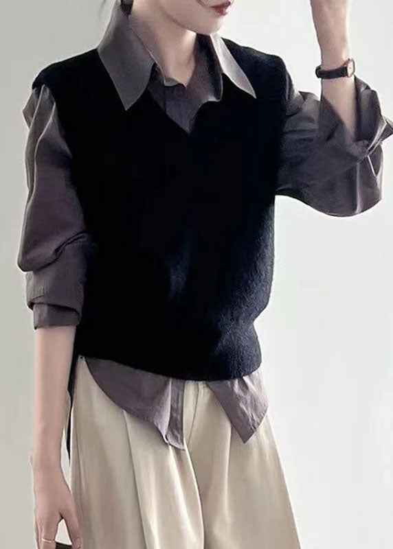 Brief Black V Neck Cozy Cotton Knit Waistcoat Spring