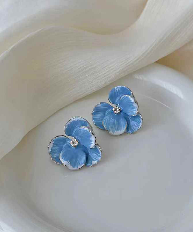 Brief Blue Alloy Zircon Floral Stud Earrings