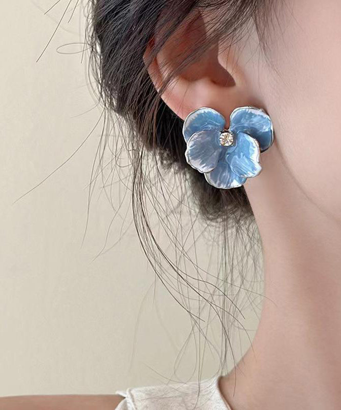 Brief Blue Alloy Zircon Floral Stud Earrings
