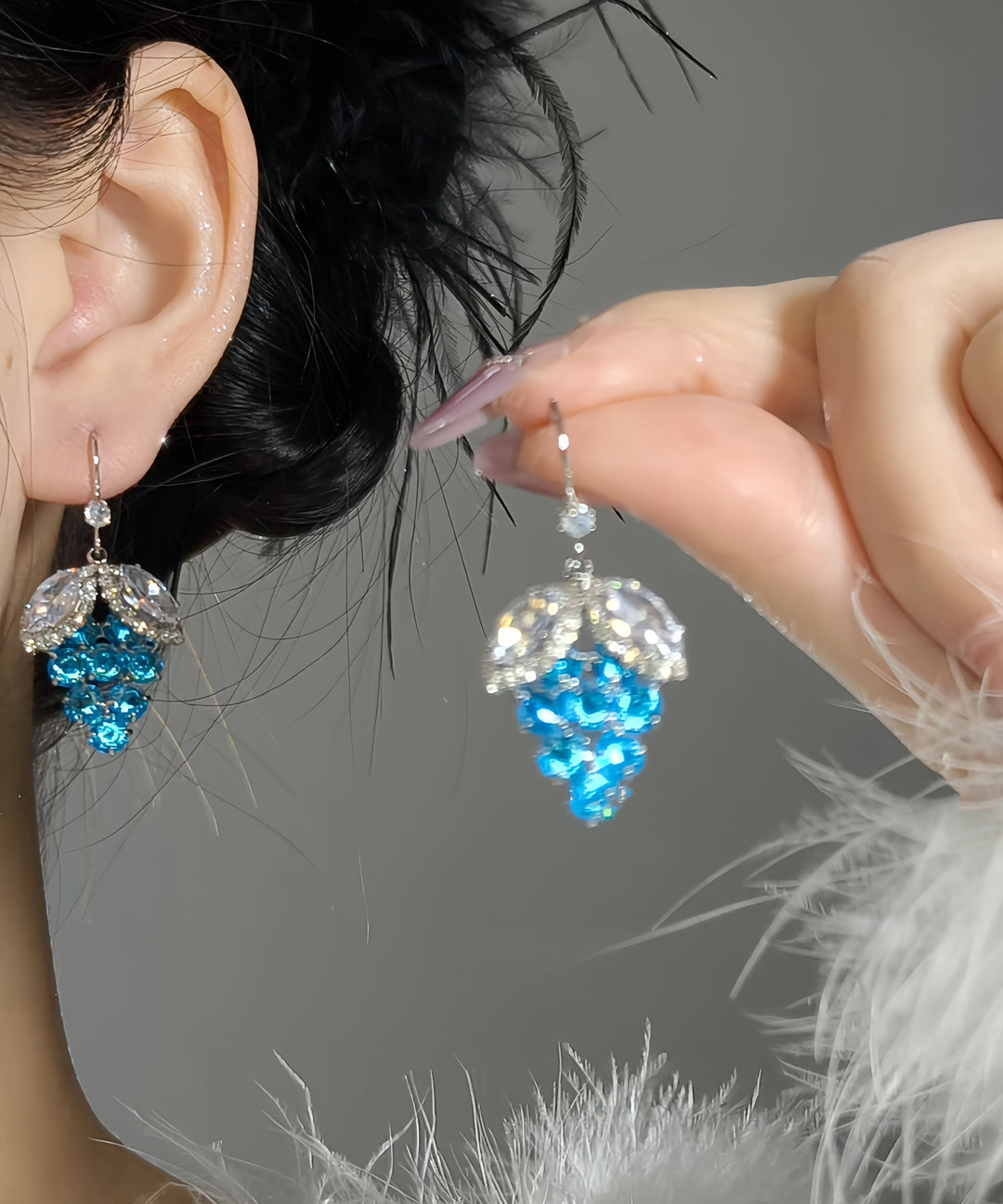 Brief Blue Sterling Silver Zircon Crystal Grape Drop Earrings
