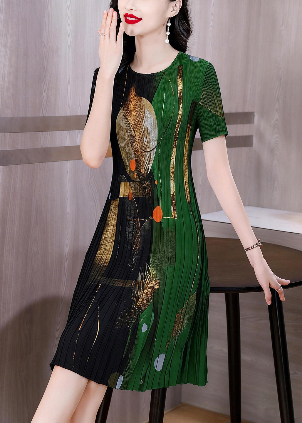 Brief Colorblock V Neck Wrinkled Maxi Dress Short Sleeve