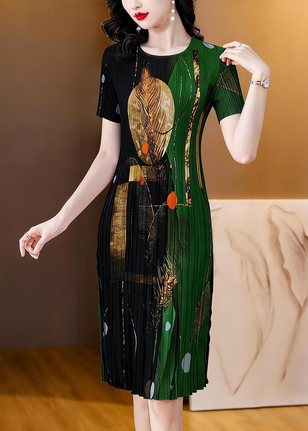 Brief Colorblock V Neck Wrinkled Maxi Dress Short Sleeve