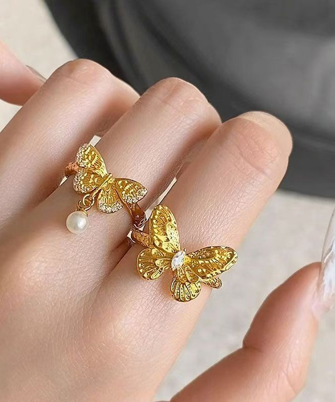 Brief Gold Alloy Butterfly Pearl Rings Two-Piece Set