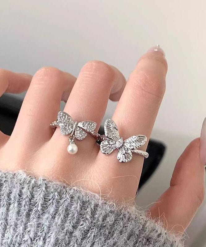 Brief Gold Alloy Butterfly Pearl Rings Two-Piece Set