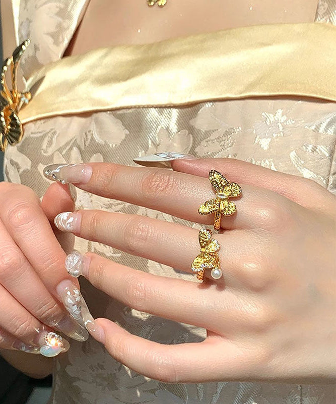 Brief Gold Alloy Butterfly Pearl Rings Two-Piece Set