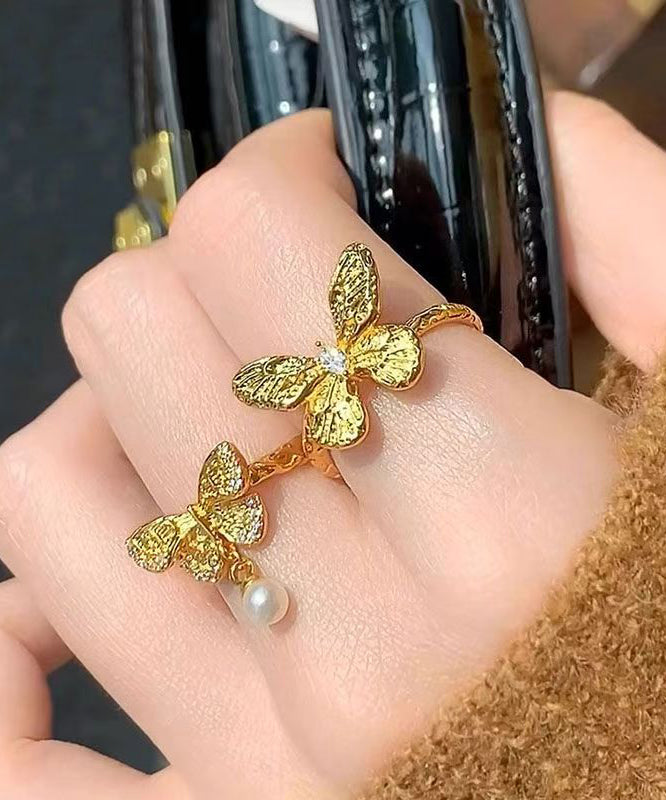 Brief Gold Alloy Butterfly Pearl Rings Two-Piece Set