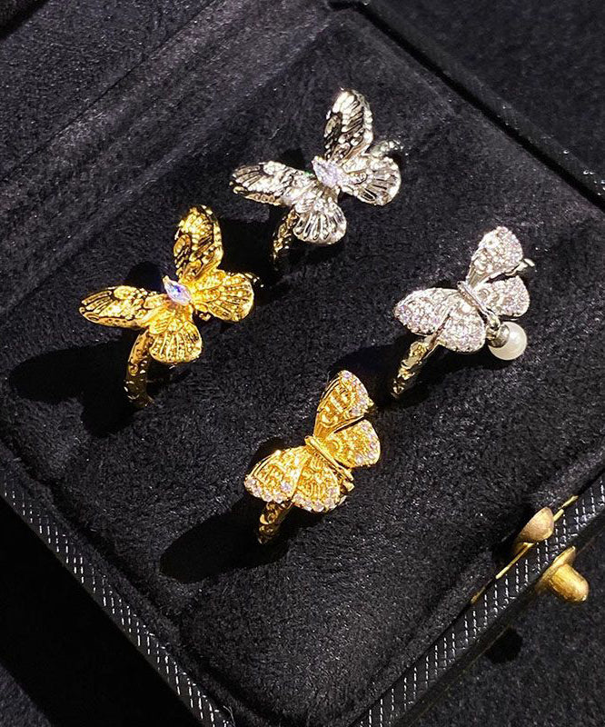Brief Gold Alloy Butterfly Pearl Rings Two-Piece Set