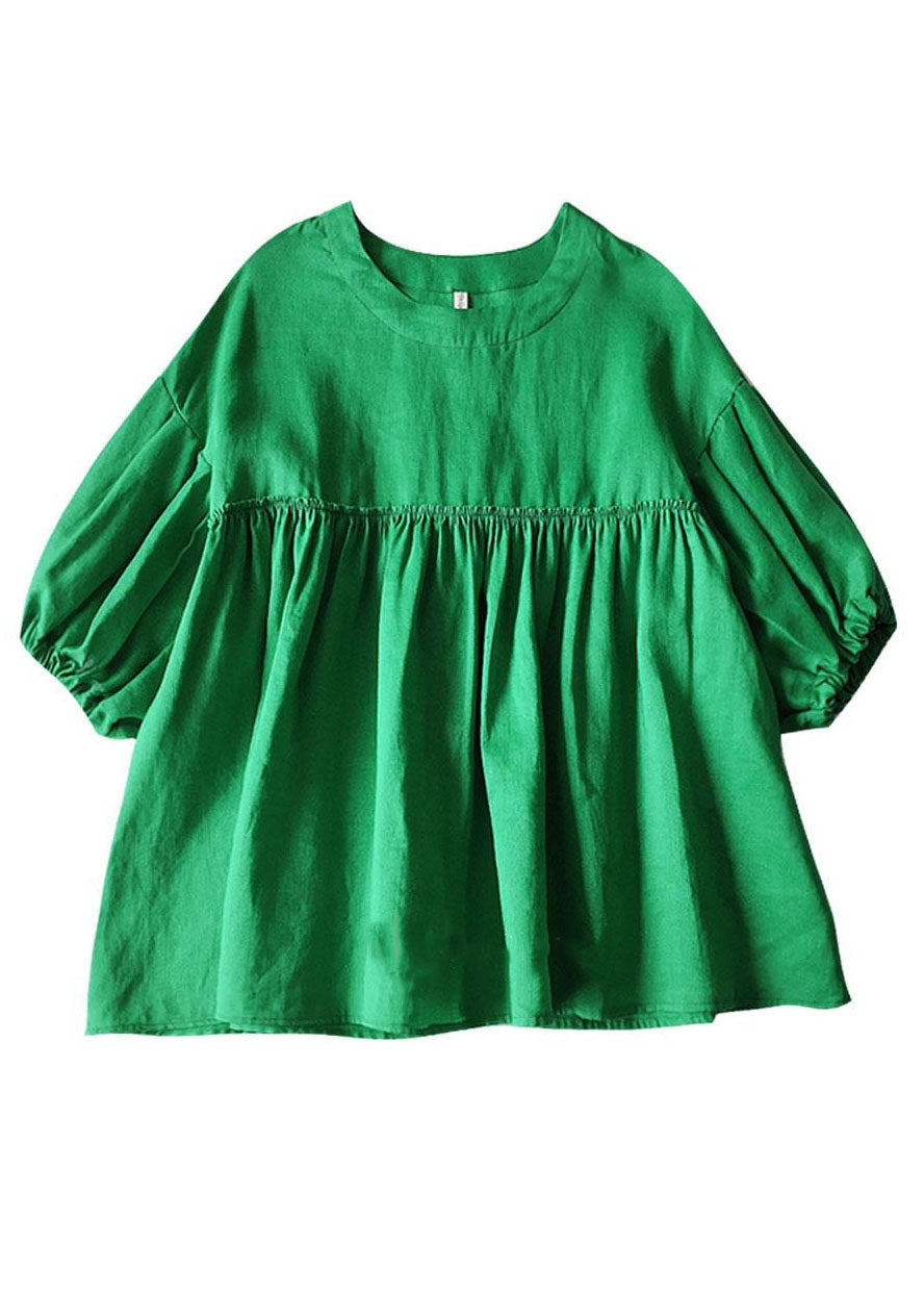 Brief Green O-Neck Solid T Shirts Lantern Sleeve