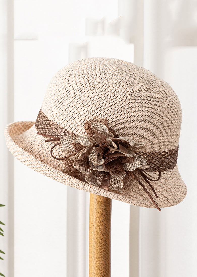 Brief Khaki Floral Hollow Out Cotton Cloche Hat