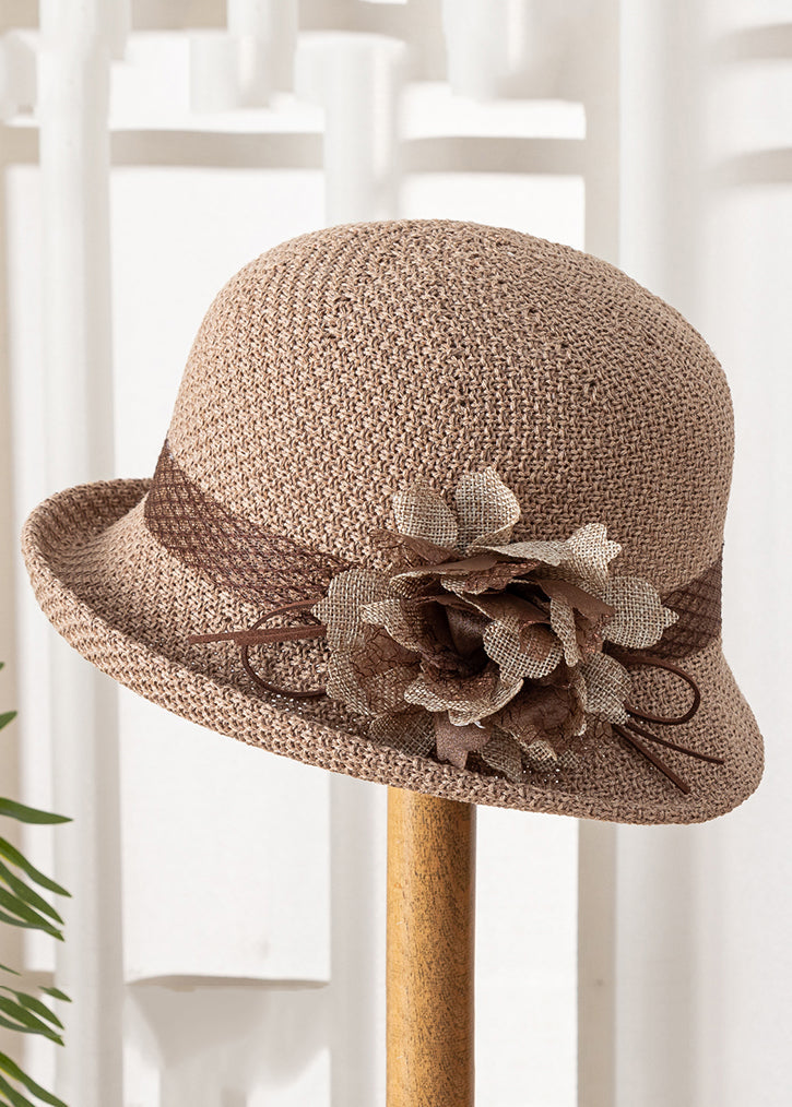 Brief Khaki Floral Hollow Out Cotton Cloche Hat