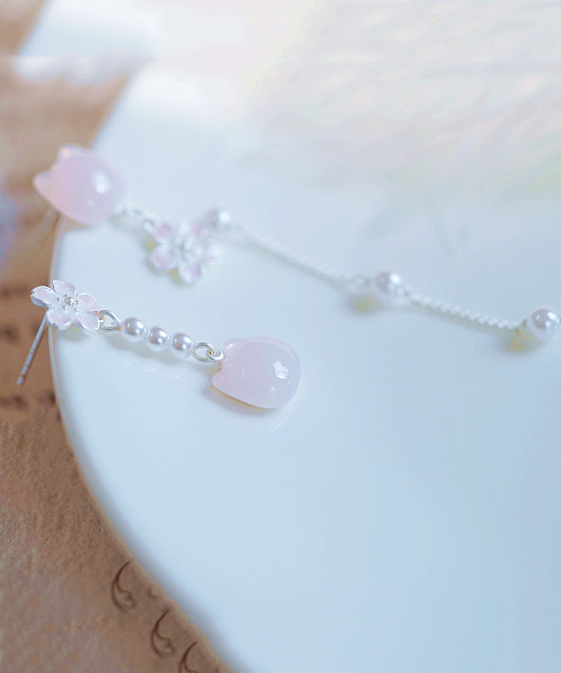 Brief Pink Sterling Silver Asymmetry Pearl Floral Cats Tassel Drop Earrings