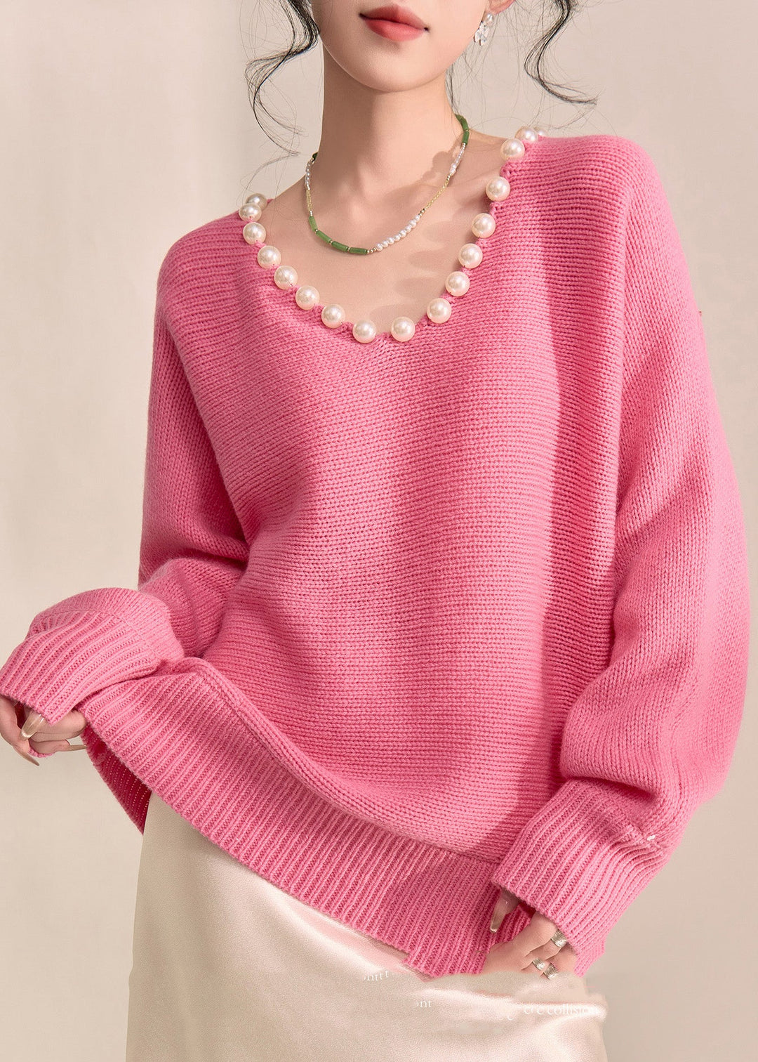 Brief Pink Thick Cotton Knit Sweater V Neck Pearl Lantern Sleeve